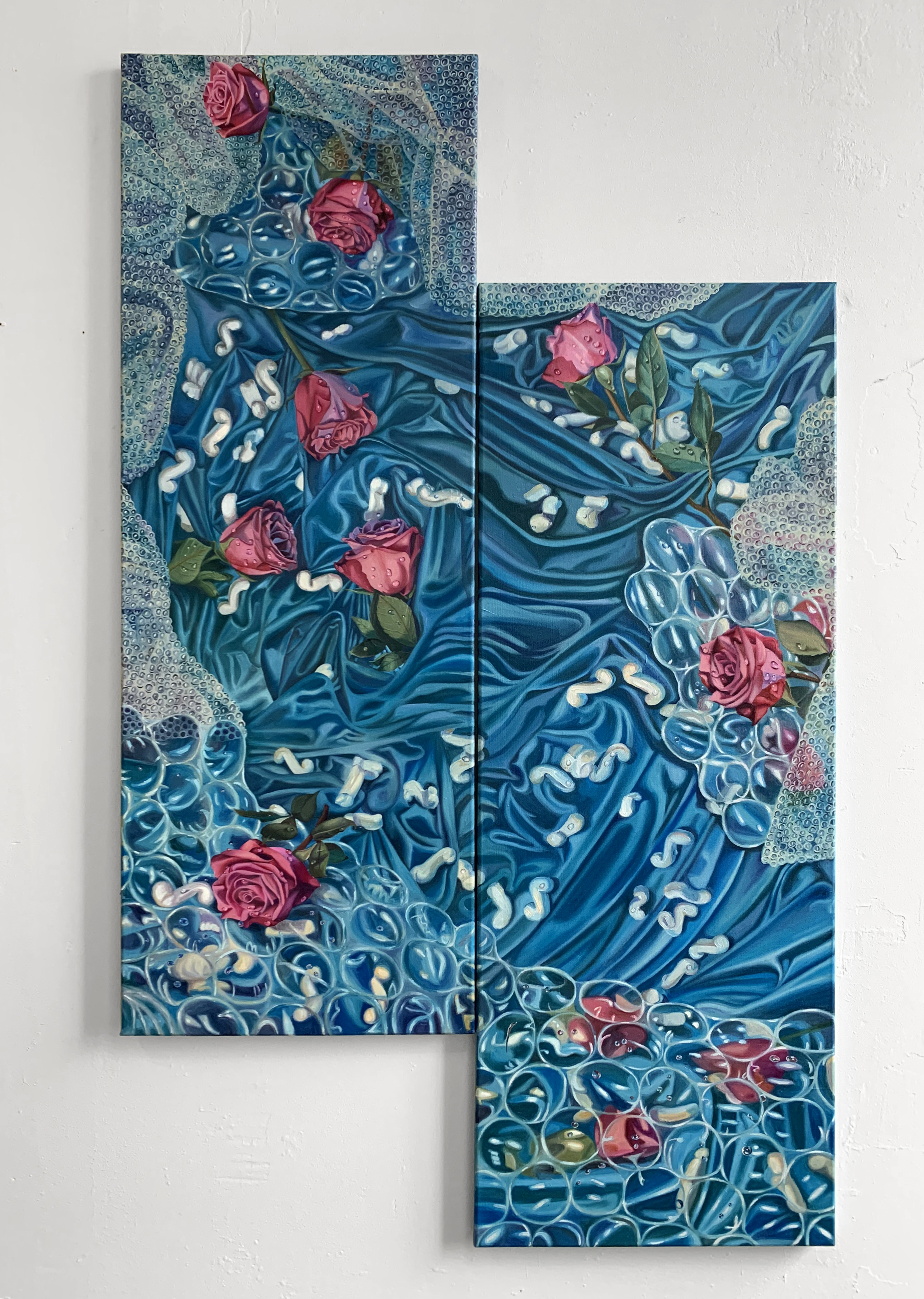 Heavy Surf (Diptych), 40x15 & 40x15 2021 <br>oil on canvas<br><br>I work in an art storage facility that protects giant, priceless art. Twice a week we fill two construction dumpsters with discarded packaging materials like bubble wrap and peanuts. As plastic takes an average of 450 - 1,000 years to decompose, I postulate that the destruction of the environment to preserve fine art is like the antinomy of war: “the only justification of sacrifice is it’s utility; but the useful is what serves Man. Thus, in order to serve some men we must do disservice to others. By what principle are we to choose between them?” (De Beauvoir, S. (1948). The Positive Aspect of Ambiguity. In <i>The Ethics of Ambiguity</i> (p. 113). Citadel Press.)